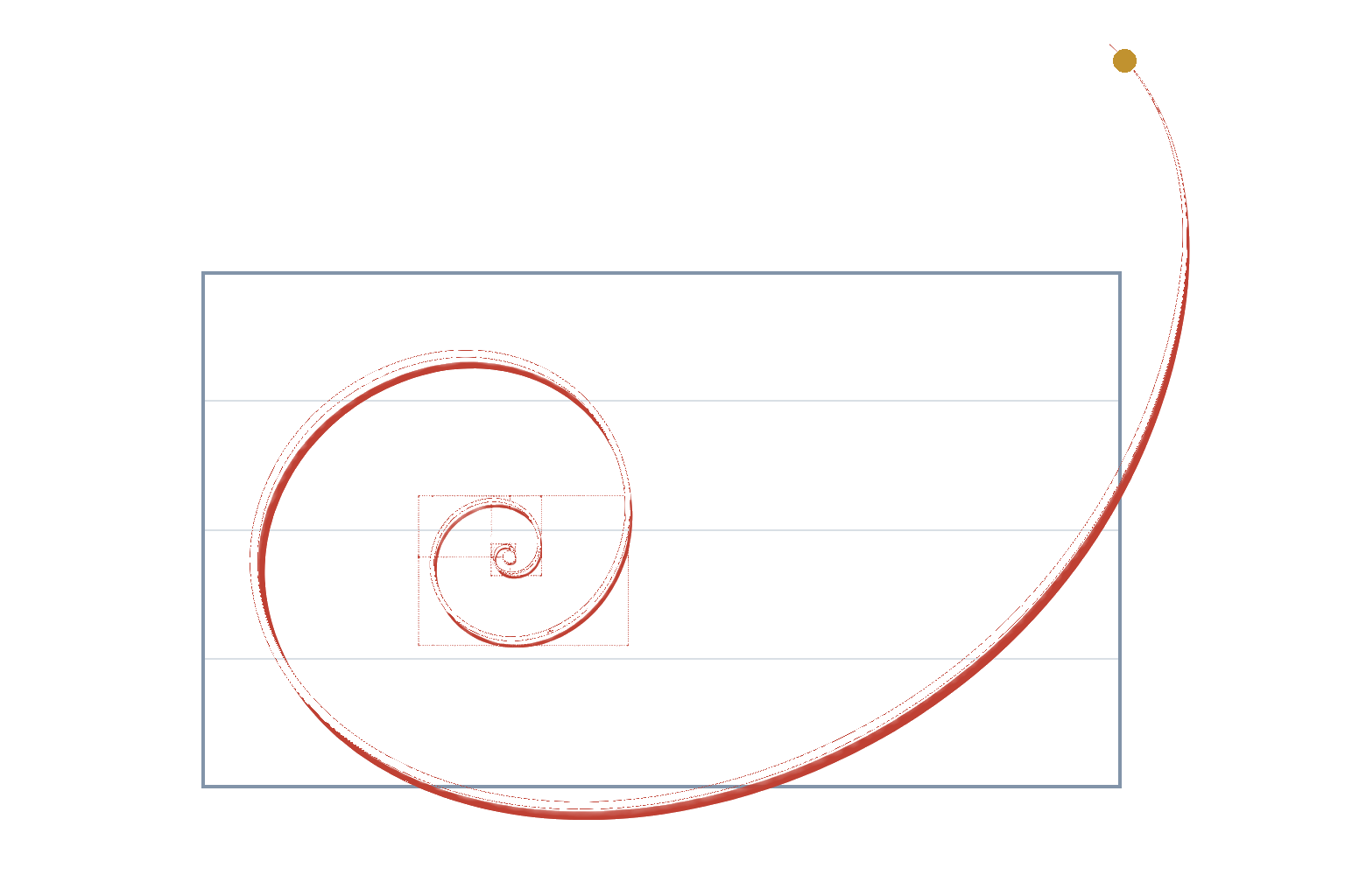 A golden spiral rising from within a box and breaking out through the top right, continuing upward