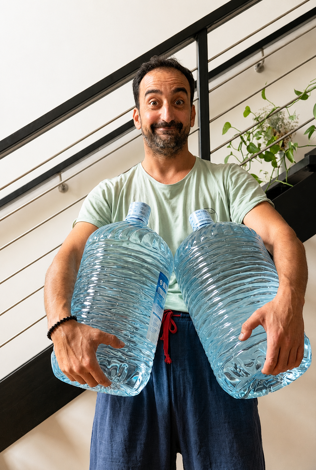 Huseyin holding two 15 kg water gallons — the thirty kilos Karim used to carry